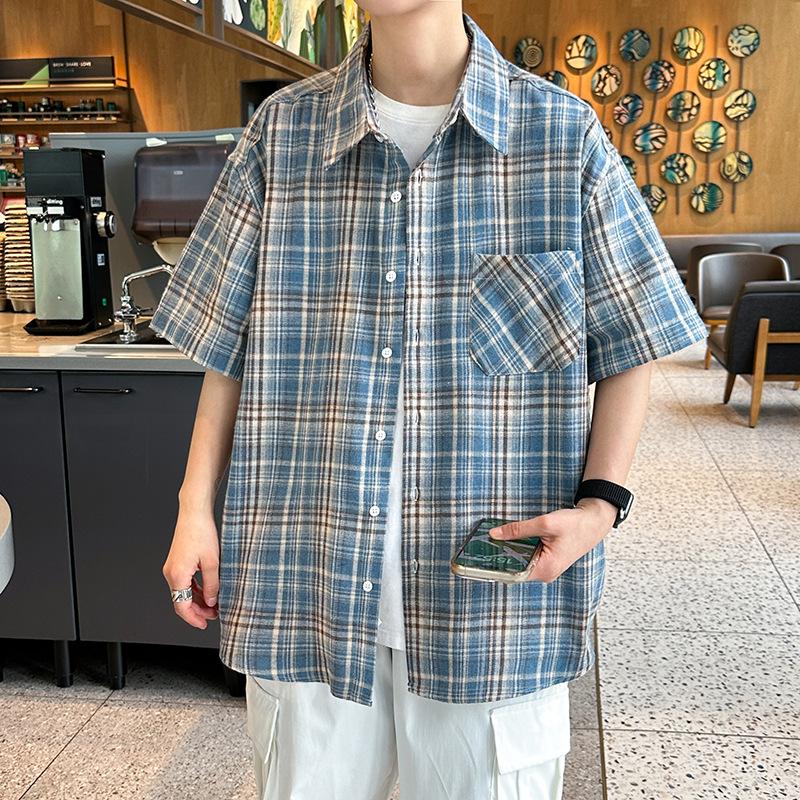 Vintage Check Pattern Shirt Men's Summer Short Plaid Shirt Boys Loose Large Size Trendy Brand Ruffian Handsome Youth Casual