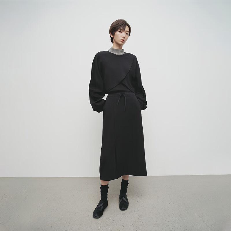 Broadcast Women's Black Knitted Midi Skirt with Slit Hem