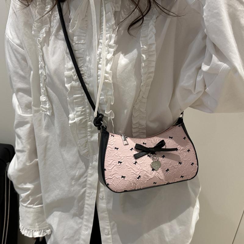Y2k Pink Bow Armpit Bag for Women, New Fashionable and Versatile Texture Light Luxury Single Shoulder Small Square Bags