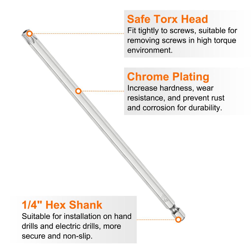 1/2/5pcs Security Torx Bit 1/4" Hex Shank 6" Long T8//T10/T15/T20/T25/T27/T30/T40 Screwdriver Torx Head with Hole