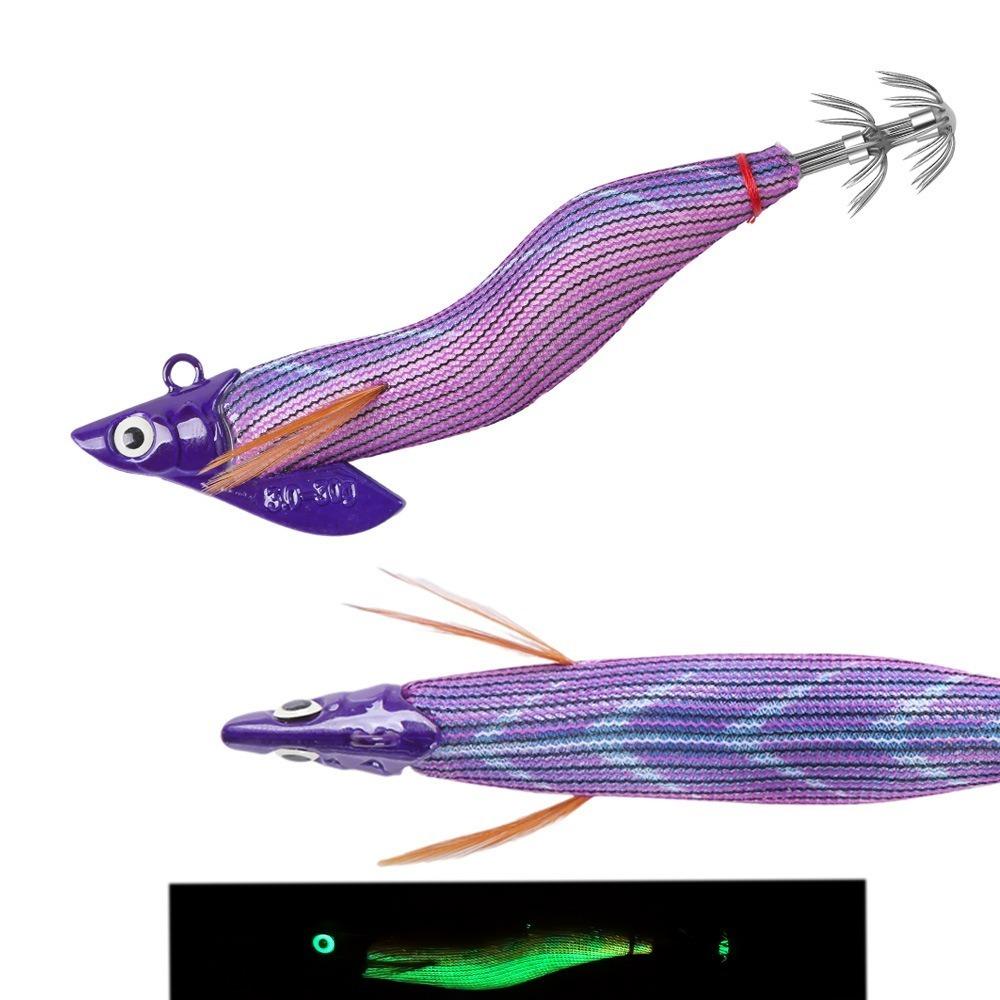 30g Luminescent Artificial Lures Sycamore Wooden Squid Bait Octopus Design Jigging Lures Squid Hooks Slow Sinking Deep Water Sea