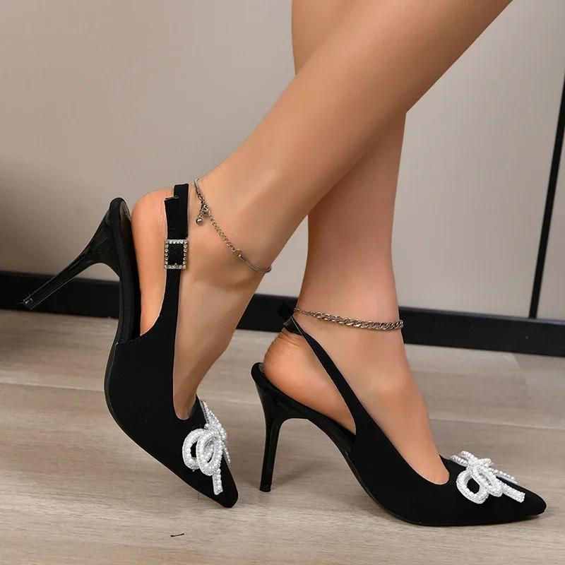 Elegant Pearl Bowtie High Heels Sandalias Mujer 2024 Summer Ankle Straps Thin Heeled Pumps Woman Plus Size 43 Black Party Shoes