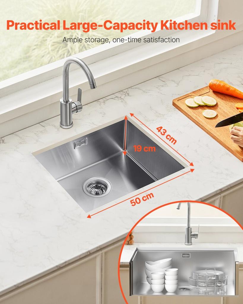 50cm Kitchen Sink Undermount Single Bowl Drop-In Basin Stainless Steel Bar
