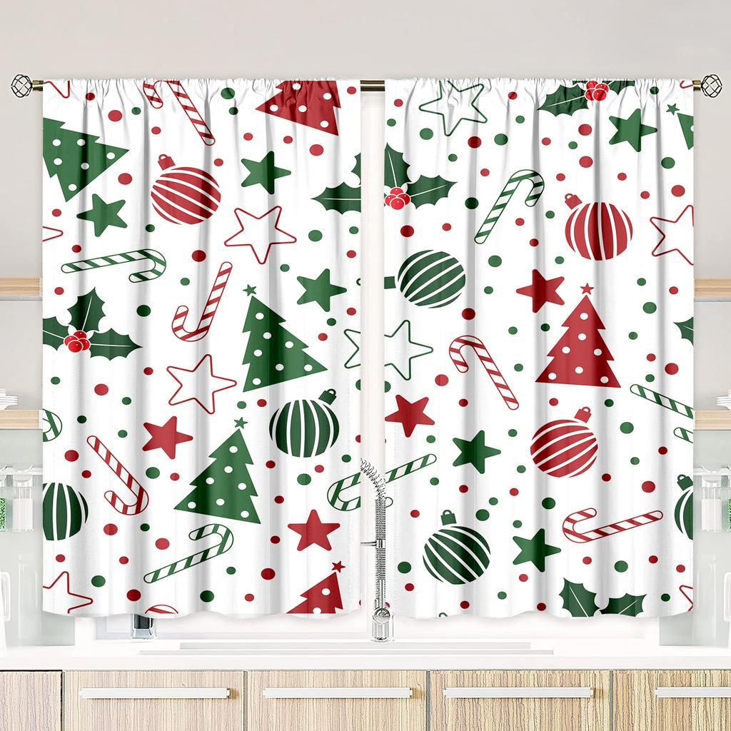 2PC- Christmas Tree Print Curtain - Polyester Material - Suitable for Bedroom, Living Room, Study, Private Space