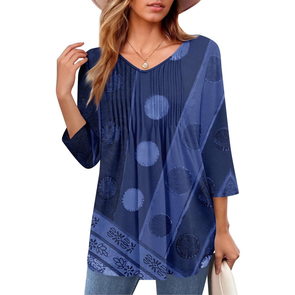 Damen Tops V-Ausschnitt Dreiviertelärmel Gestreift Plissee Casual Sommermode Shirt Tops