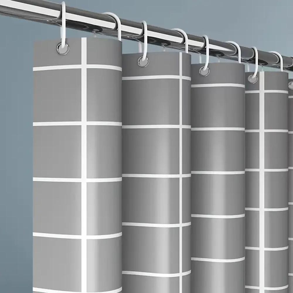 1Pc Gray Checkered Shower Curtain (With Hooks), Waterproof Bathroom Liner, Easy To Clean, Resistant To Soap Scum, 71X71 Inches