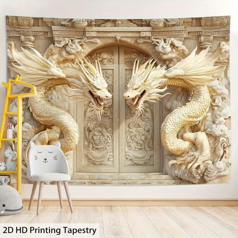 2D Traditional Chinese Dragon Tapestry, Twin Dragons Palace Gate Wall Decor for Home