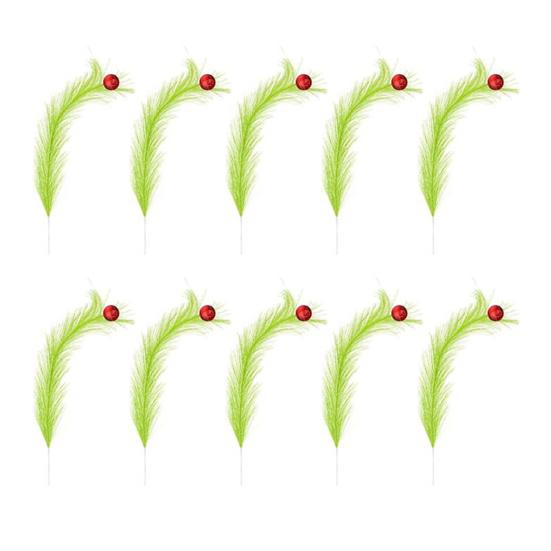10 Pcs Green Christmas Picks Artificial Furry Green Curly Stems Xmas Tree Topper Ornaments with Red Ball for Christmas Wreath Craft Vase Fillers Home