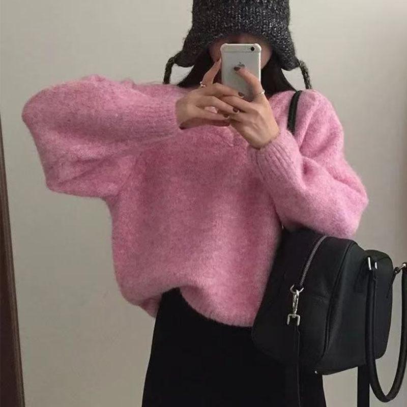Women's V-Neck Loose Knit Pullover Sweater - Korean Autumn/Winter Style