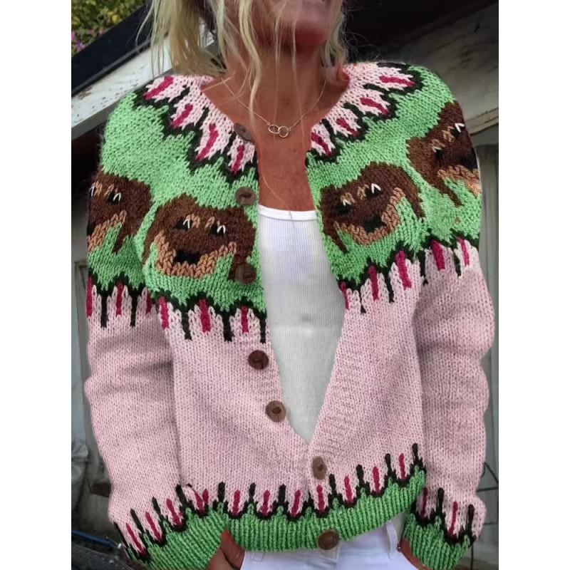 Womens Color Block Knit Cardigan Loose Fit Long Sleeve Geometric Casual Commute Style