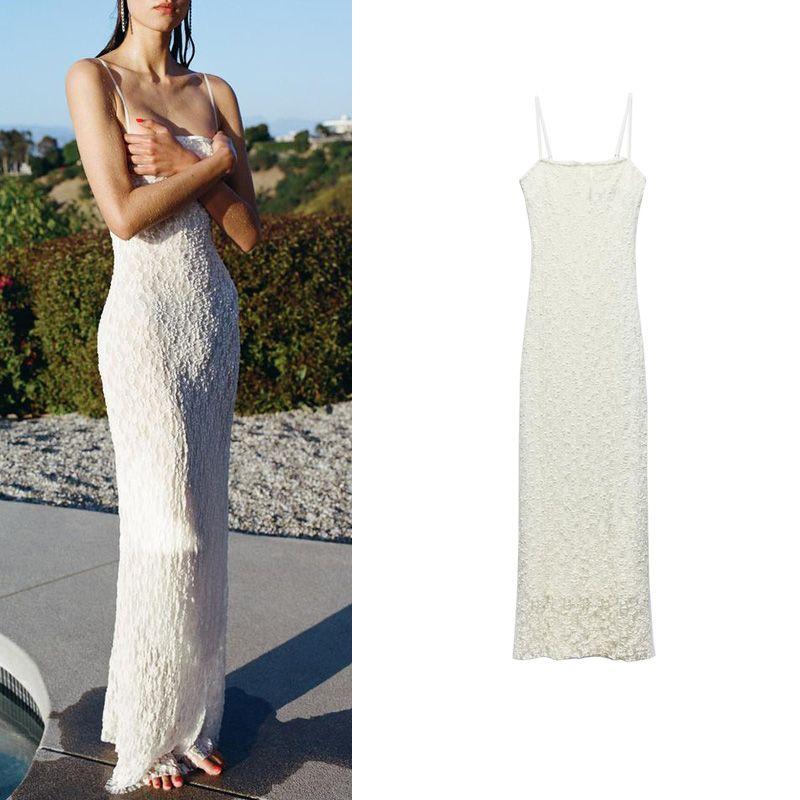 Summer French Elegance Evening Long Dress Silm White Fairy Lace Camisole Dress 3067357