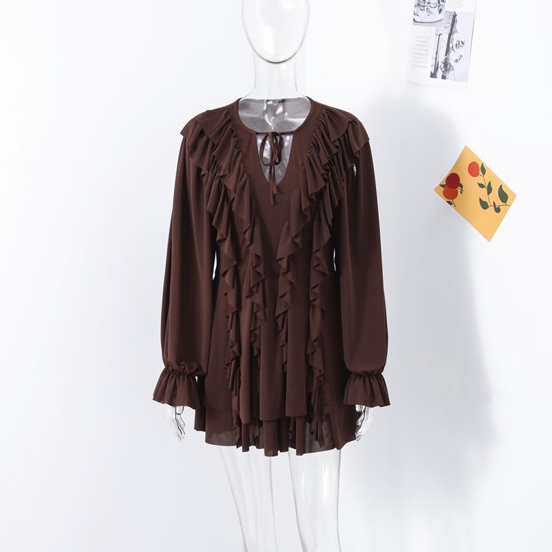 Elegant Lace Fold Dress Women Brown Deep V-neck Long Sleeve Mini Dresses Female 2025 Spring Summer Fashion Loose Lady Robe