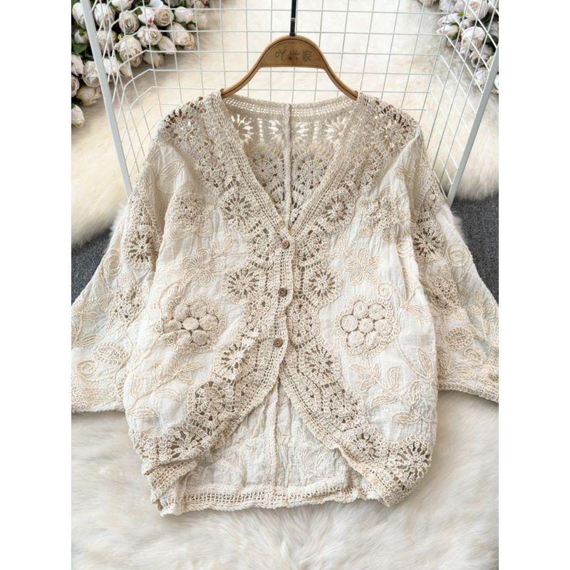 K-style V Neck Retro Lace Coat Top Lace