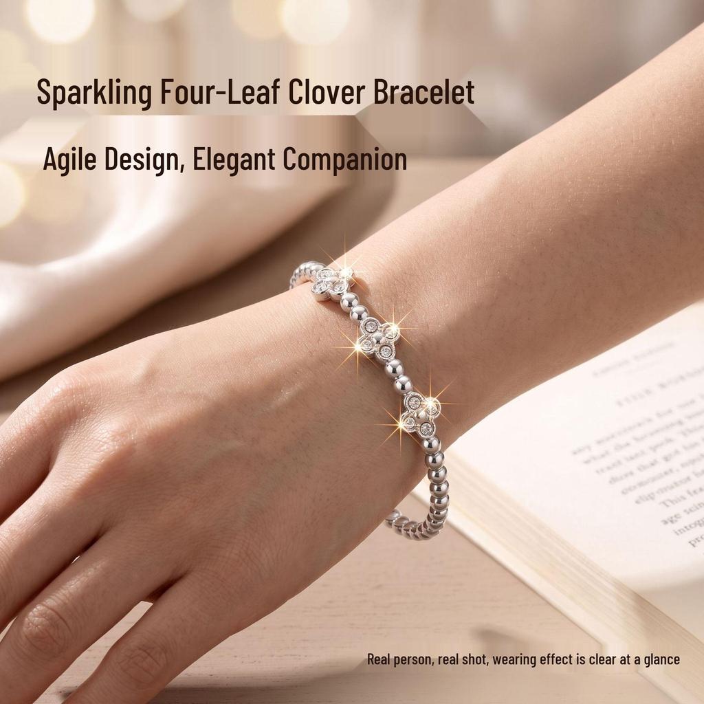European-American Style Stainless Steel Four-Leaf Clover Rhinestone Bracelet for Women
