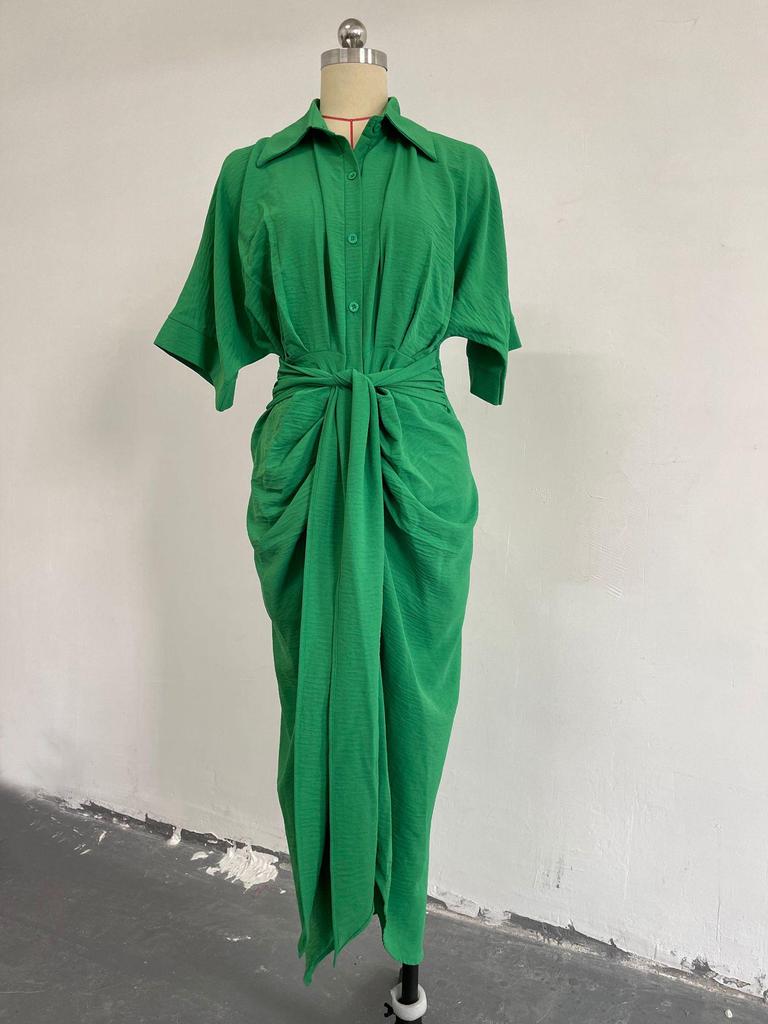 Evropské a americké dámské košilové šaty s klopami a vysokým pasem na rok 2025 - středně dlouhé, s krátkým rukávem, módní jednořadé zapínání