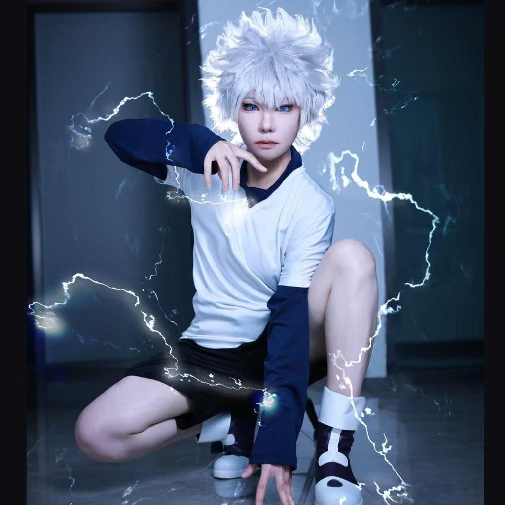 Wetrose Disponibile Costumi Cosplay di Killua Zoldyck Hunter × X Hantaa Kirua Zaoldyeck T-shirt Set Completo Parrucca Halloween Natale Nuovo