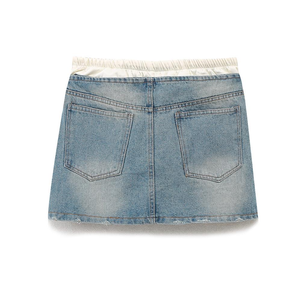 Women's Street Patchwork Denim Mini Skirt Retro High Waist Fashion Slim Lace Up Skirt Women's Summer Casual Short Skirt