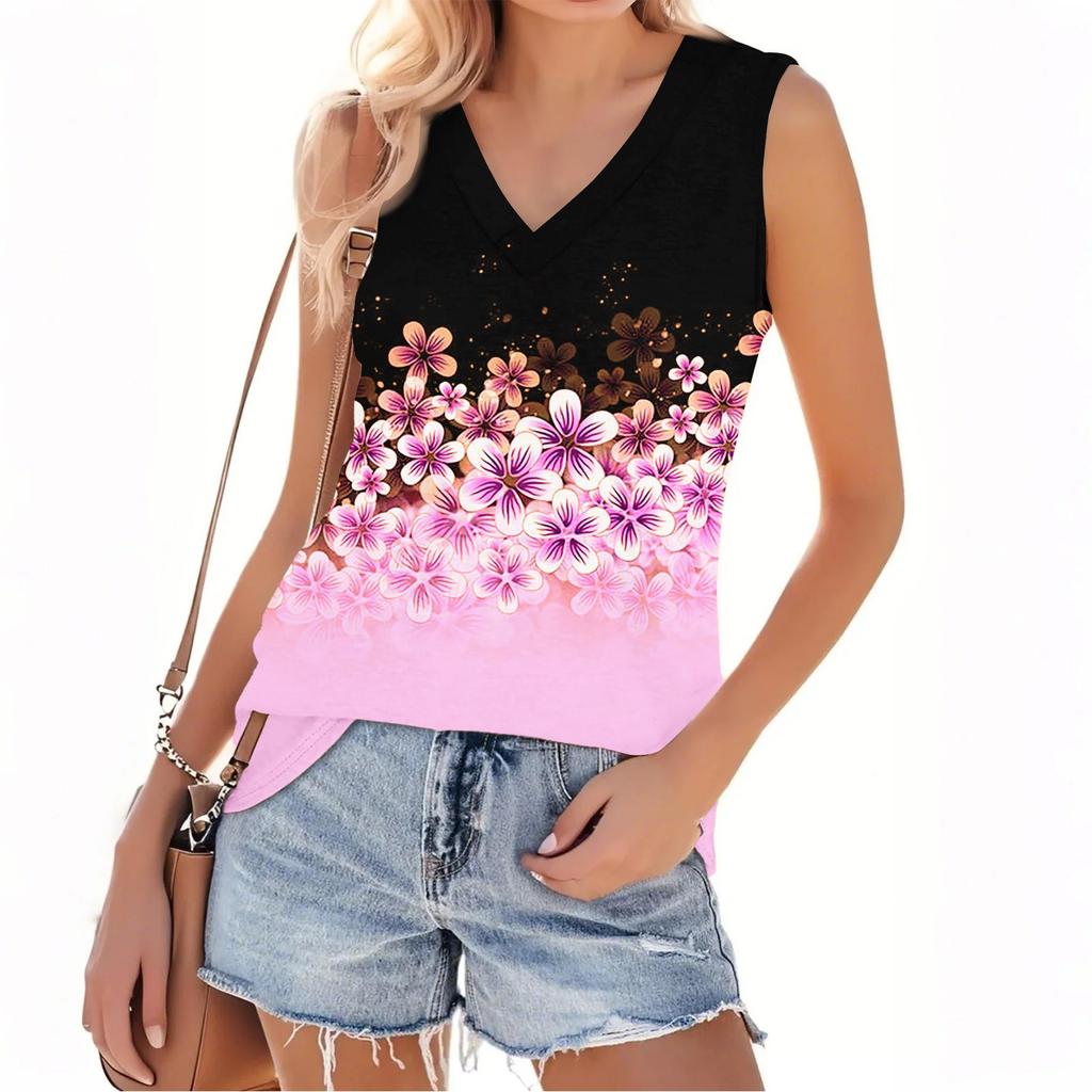Dámský módní ležérní letní top bez rukávů s výstřihem do V a květinovým potiskem