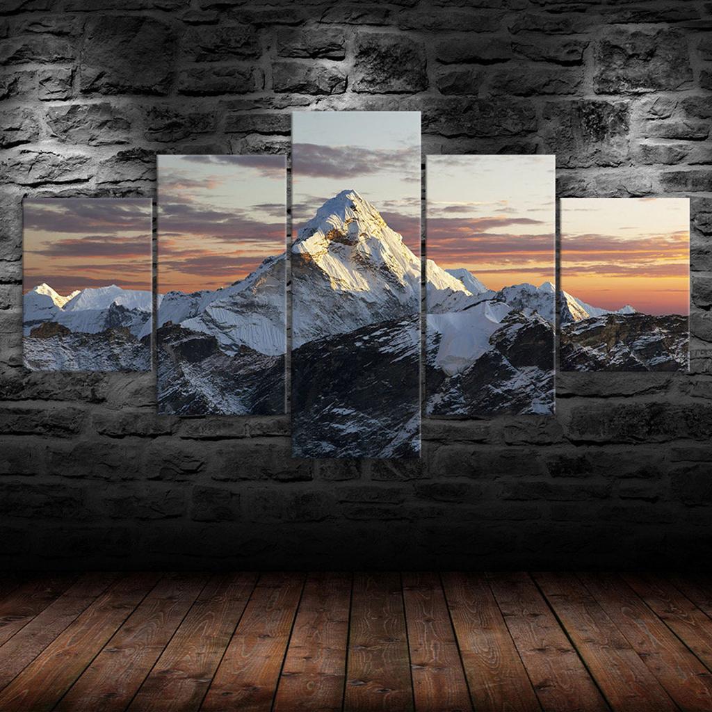Snow Mountain Peak Sunset Canvas 5 Piece Five Panel Wall Print Modern Art Poster Home Decor Gift For Him For Her