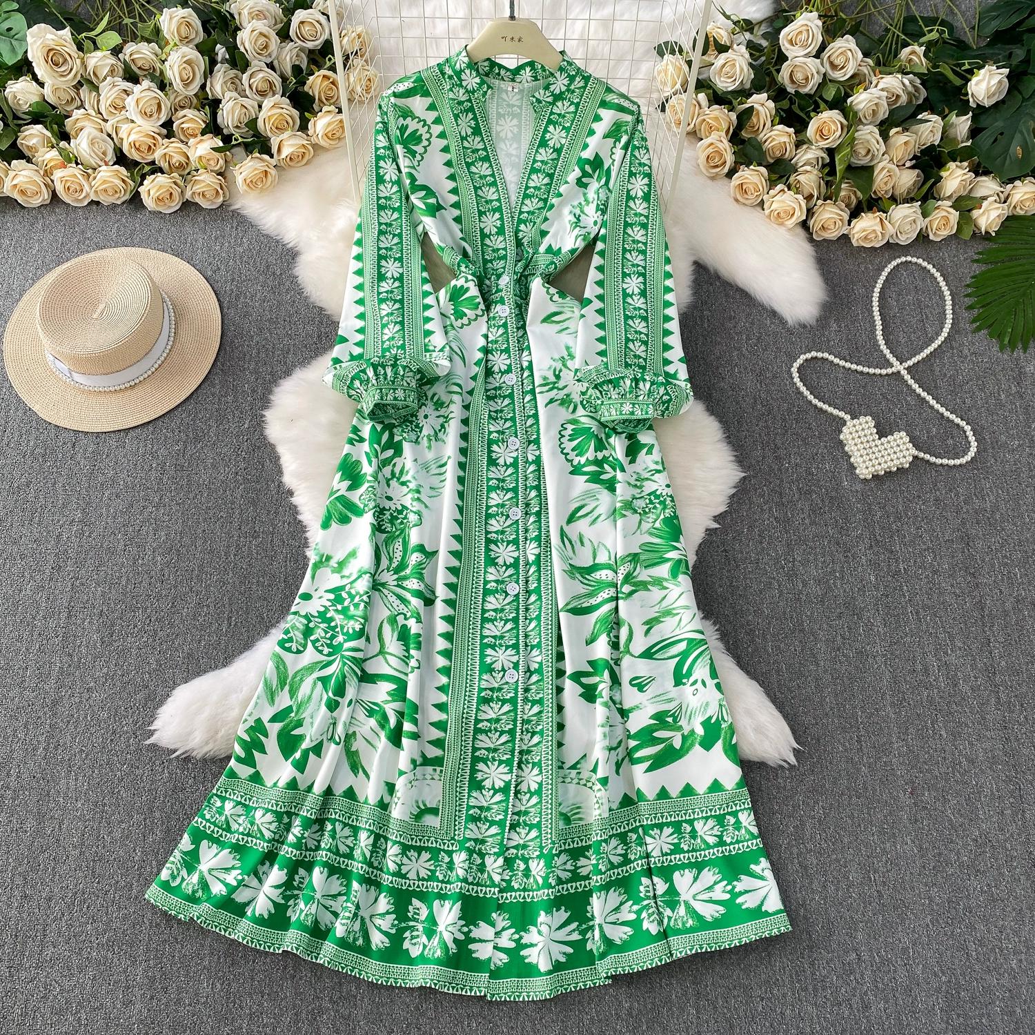 

Spring Autumn Women Vintage Print Runway Dresses V-neck Full Sleeve Single Breasted Long Maxi Holiday Dress XXL зелений