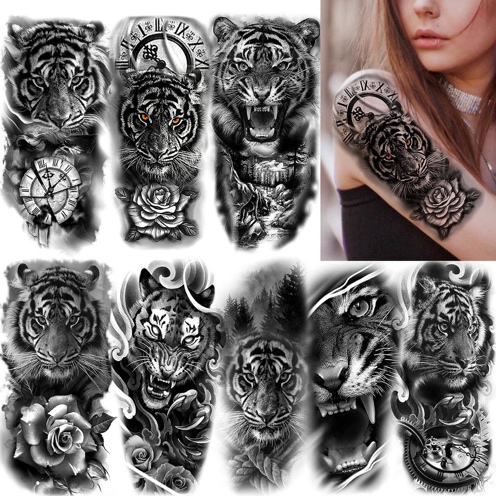1 Sheet Scary Tiger Flower Temporary Tattoos For Women Men Adults Fake Black Black Animal Tattoo Sticker Covers Up Waterproof