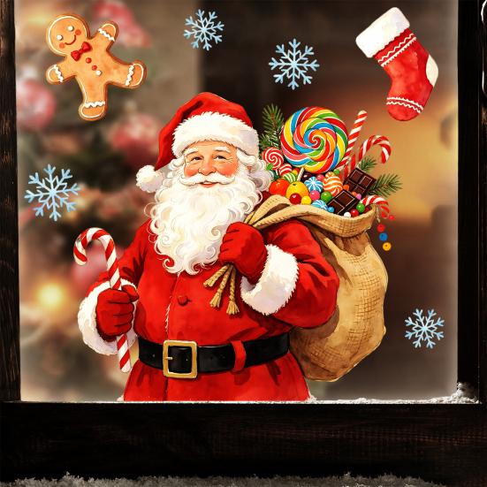 Christmas Party Supplies Watercolor Static Sticker, Santa Claus/Deer/Christmas Tree/Cake Pattern Print, Indoor Outdoor Decals Thickened PVC Removable
