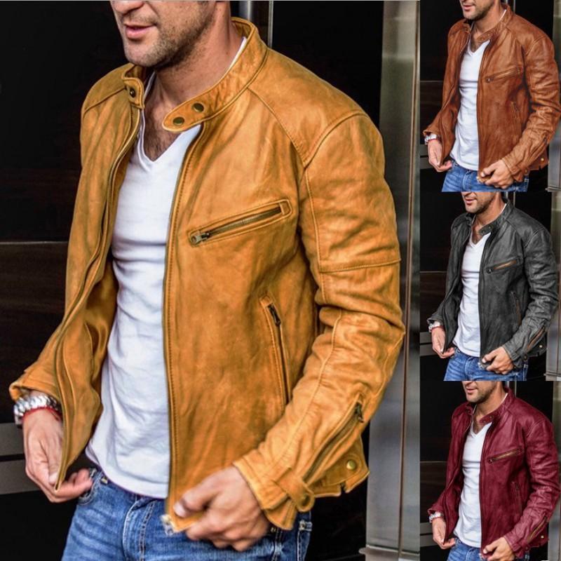 Mens Stand Collar PU Leather Jacket Punk Biker Style Loose Fit Winter Outerwear Young Adults