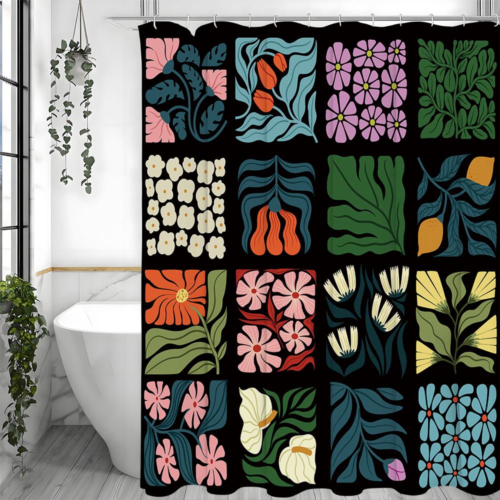 Flower and Plant Collage Shower Curtain, Bathroom Decorative Shower Curtain, Waterproof Shower Curtain with Hooks