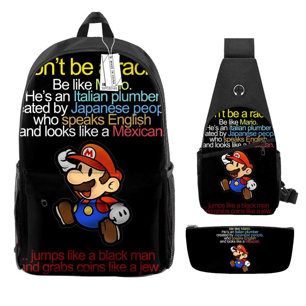 Animation Backpack, Super Mary Primary School Student Print Children'S Backpack Satchel Pencil Case Three-Piece Set