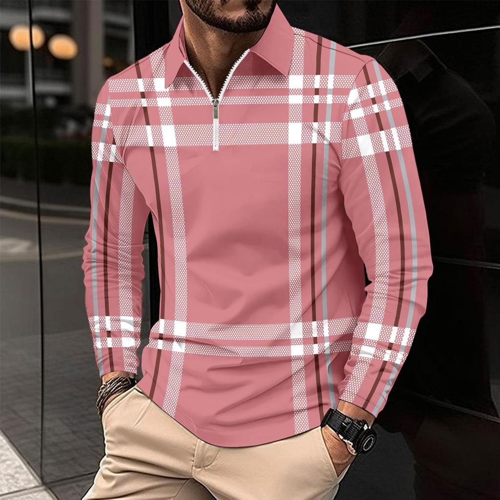 Modisches Herren Langarm Poloshirt mit Reißverschlusstasche Herren Gestreiftes Sweatshirt