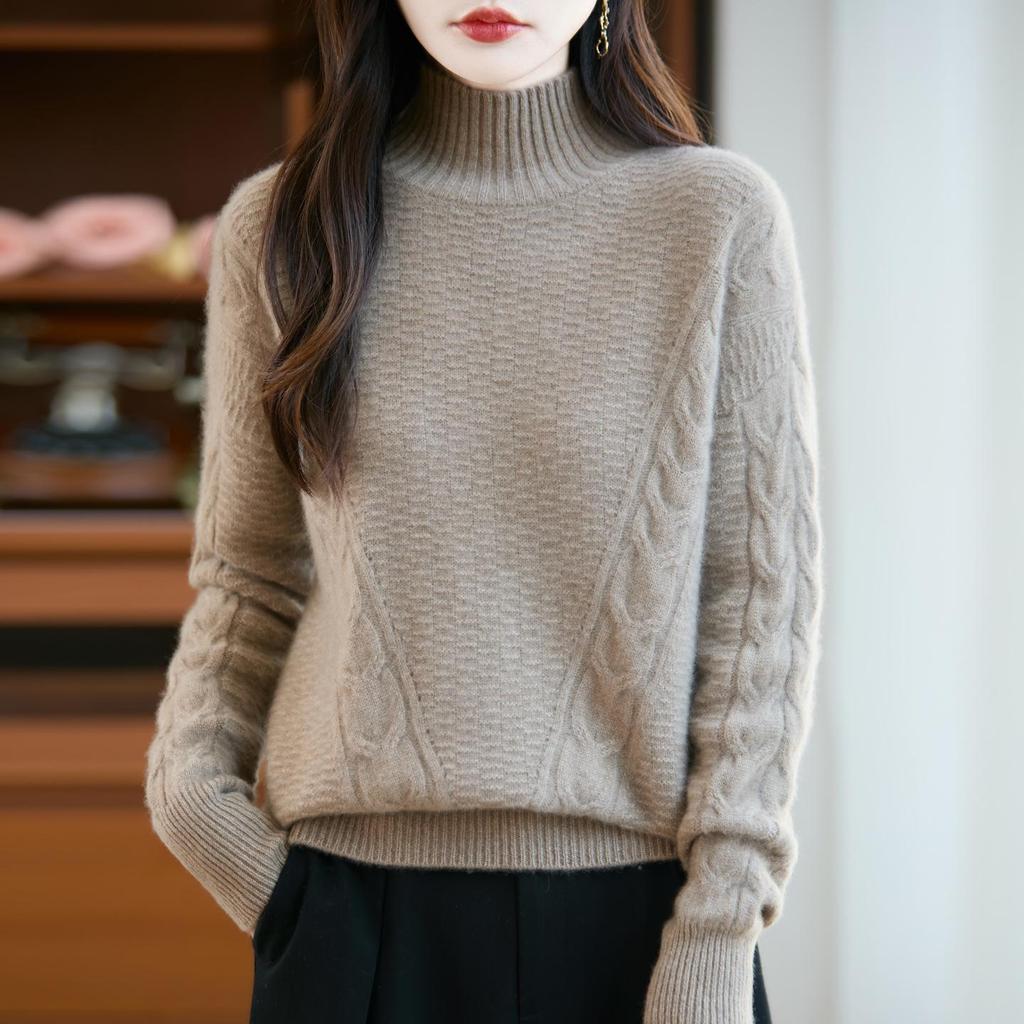 Women's 100% Pure Wool High Neck Cable Knit Sweater, Thickened Loose Fit, Autumn/Winter 2026 Style.