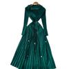 Commuter style lapel bead long-sleeved dress women's waist pleated skirt high-end celebrity elegant gentle wind long dress