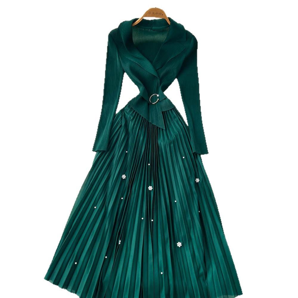 Commuter style lapel bead long-sleeved dress women's waist pleated skirt high-end celebrity elegant gentle wind long dress