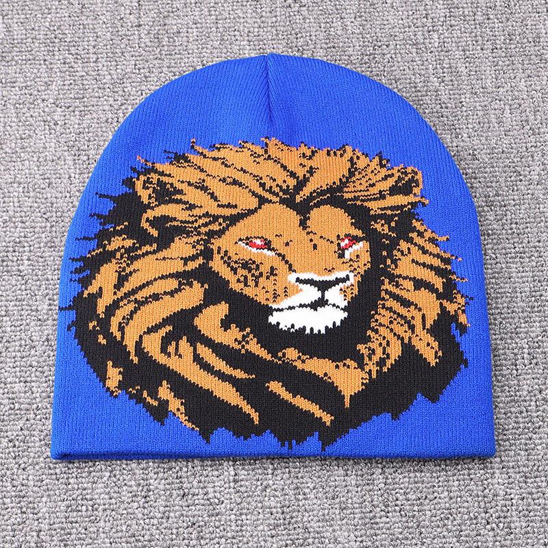 Jacquard Knitted Hat Hip Hop Warm Lion Animal Pattern Ear Protection Bag Head Pullover Cold Hat Brimless Wool Hat