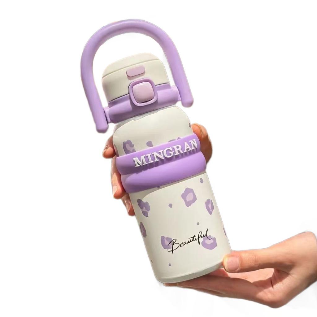 Cute Cartoon Thermal Water Bottles With Handle Insulated Cup 316 Stainless Steel Double Drinking Vacuum Flask Straw Cup 550ML