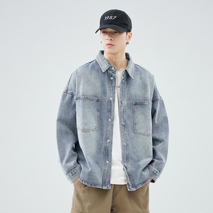 2024 Autumn/Winter Men's Loose Japanese Denim Jacket: Washed Casual Long Sleeve Shirt Style Streetwear.