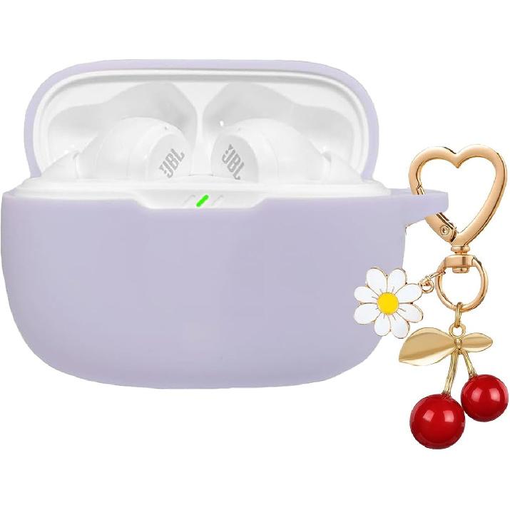 for JBL Vibe Beam 2 / JBL Vibe Beam Case Cover with Cute Cherry Daisy Flower Charm Keychain,Soft Silicone Protective Shock Cover for JBL Vibe 200TWS