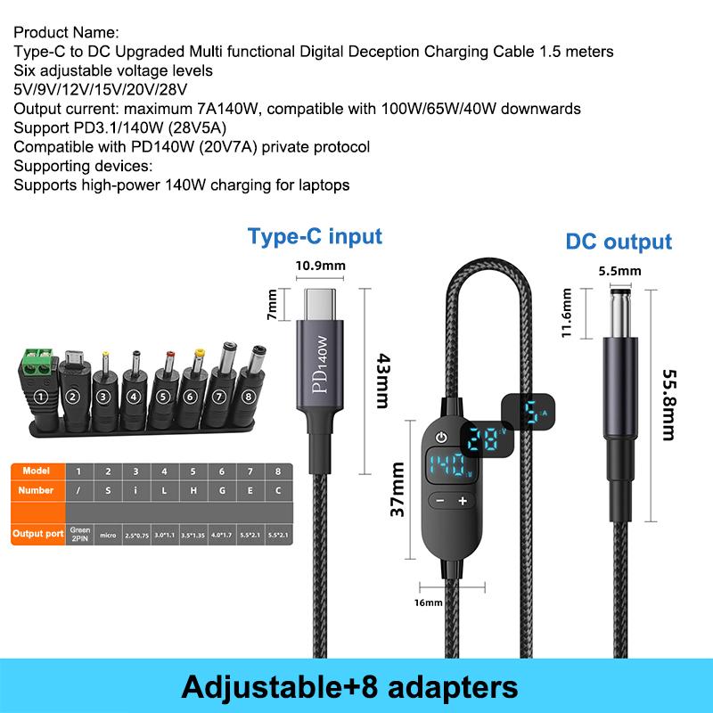 New USB C To DC Power Boost Cable Adjustable Voltage Adapter Connector Cord For Laptop Router PD140W /5V/9V/12V/15V/20V/28V
