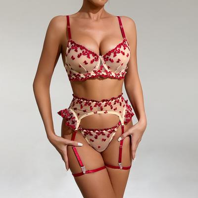 Europäisches und Amerikanisches Sexy Damen-Dessous-Set, Bestickter Floral Push-Up-BH, Elegante Transparente Verführung Intime Kleidung