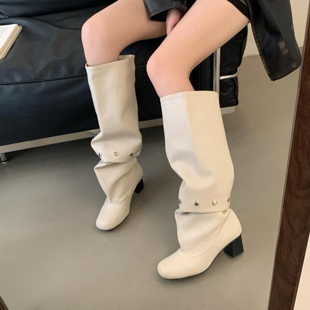Two wear removable knee boots 2025 summer new retro thick heel rivet thin tall stacking boots