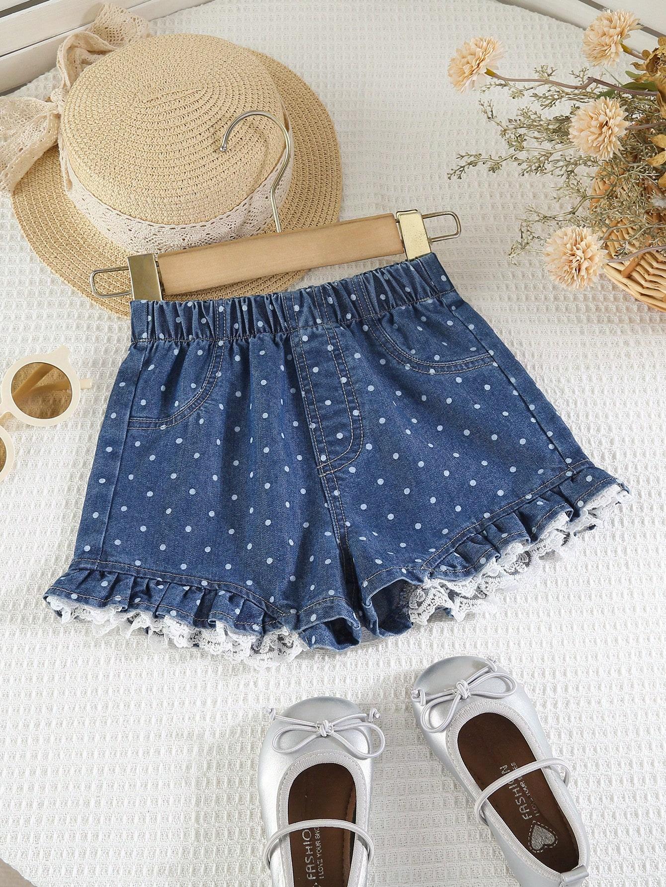 Girls  polka denim shorts with lace trim, pleated hem, elastic waist, casual summer children s denim shorts 2-3Y средний синий