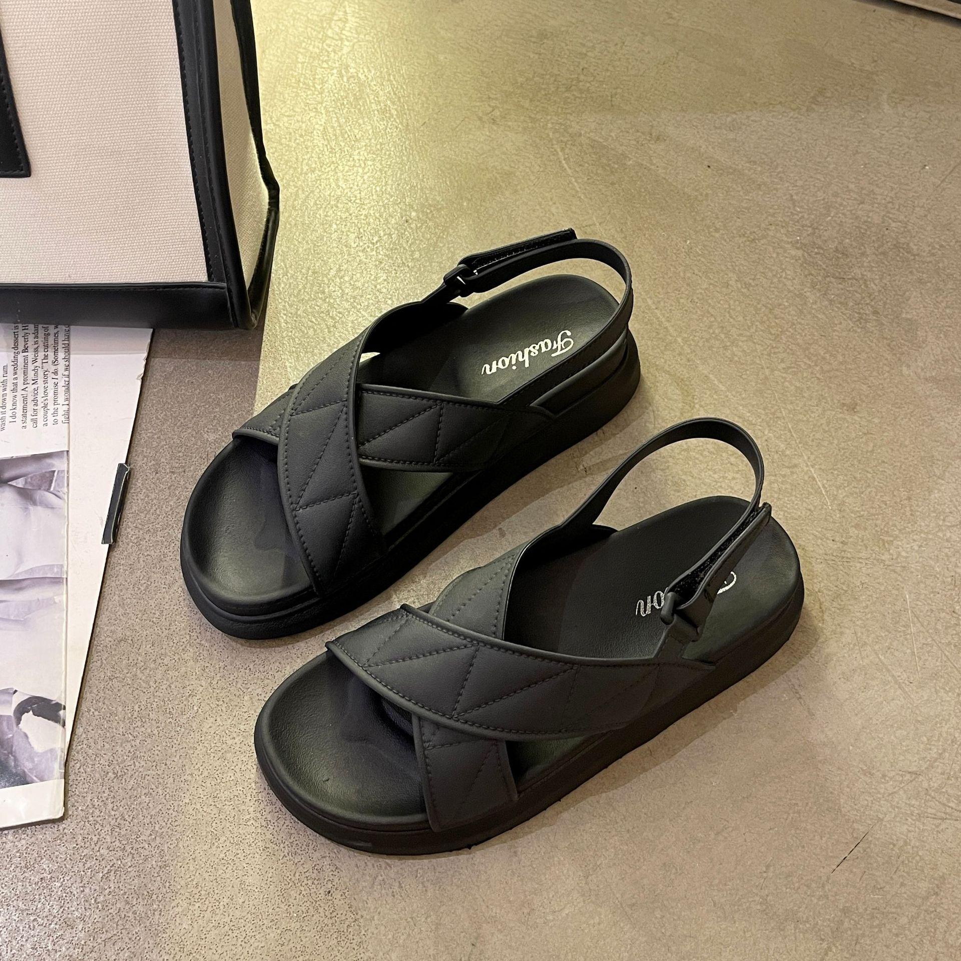 

Сандалии женские 2025 новые удобные сандалии с толстой подошвой простые модные сандалии на липучке для девочек на плоской подошве 40 чёрный