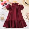 Girls' Summer Dress with Puff Sleeves and Ruffles, Mid-Length Stylish Off-Shoulder Gown, Korean Version