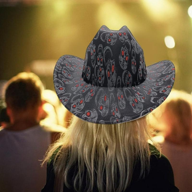 Elegant Punk Western Top Hat Wide Brims Fedoras Hat with Skull Pattern for Women Men Unisex Vintage Party Headwear