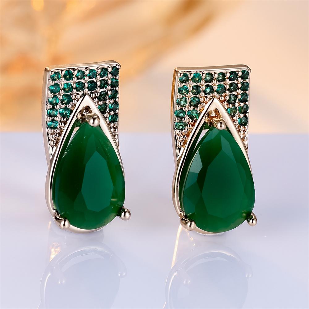 Water Drop Jade Stone Green Crystal Zircon Hoop Earrings For Women Vintage Gold Color Ear Buckle Engagement Jewelry Wedding Gift