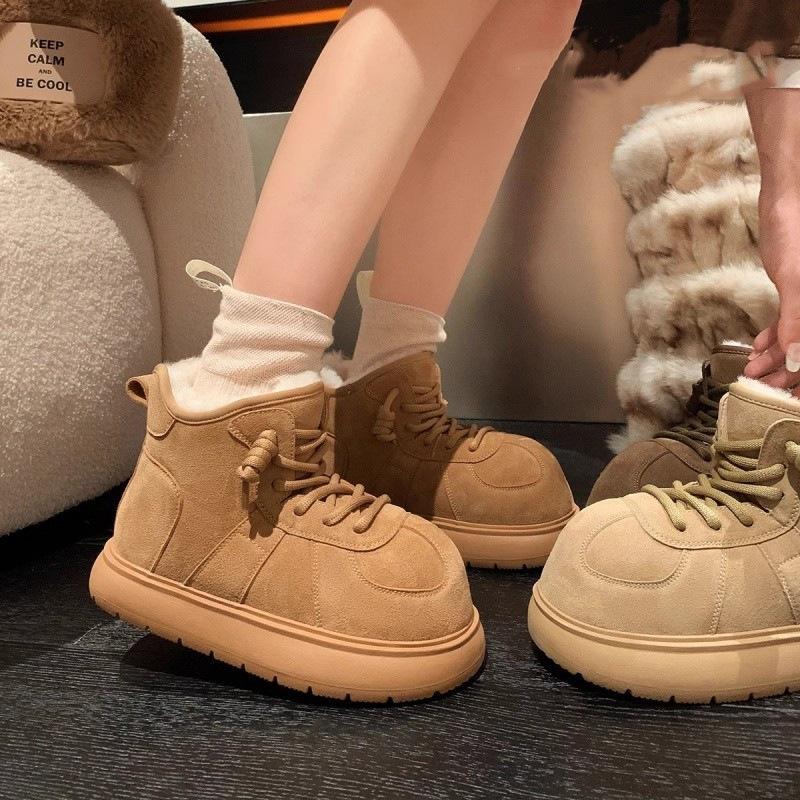 Yellow Big-headed Snow Boots Women's 2025 New Winter Velvet Thickened Warm One-pedal Bread Shoes Northeast Cotton Shoes