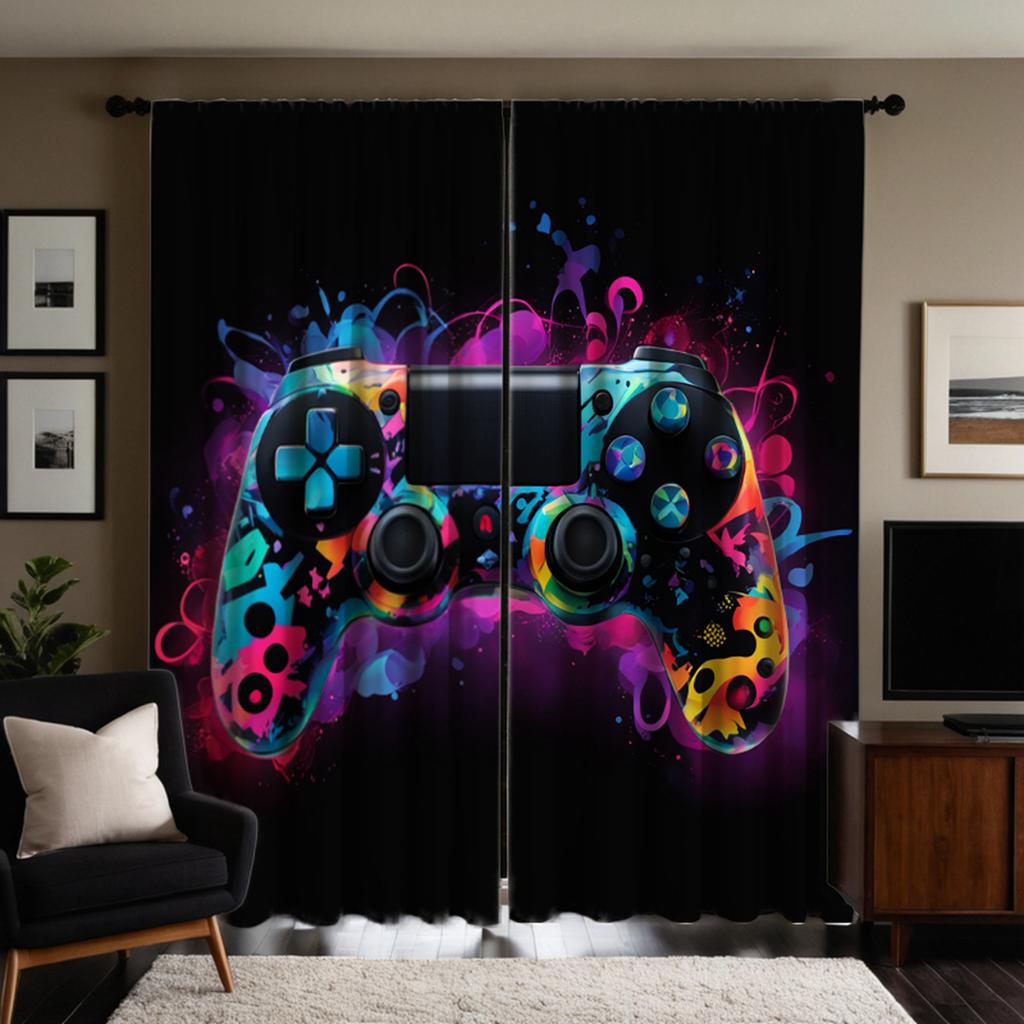 2 Pieces HD Digital Black Colorful Gamer Curtains Home Decorating Style Decorating Living Room Bedroom Rodding Curtains Effect S