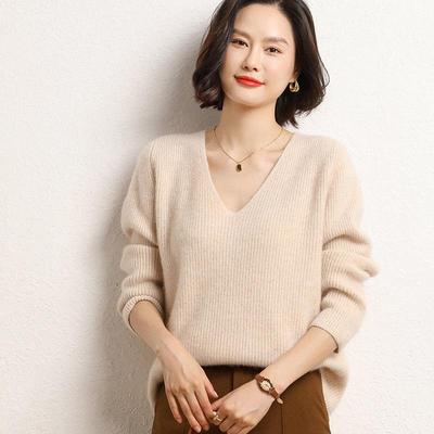 Women's V-Neck Cashmere Loose Pullover Sweater - Short/Long Sleeve Knit Base Layer for Autumn/Winter