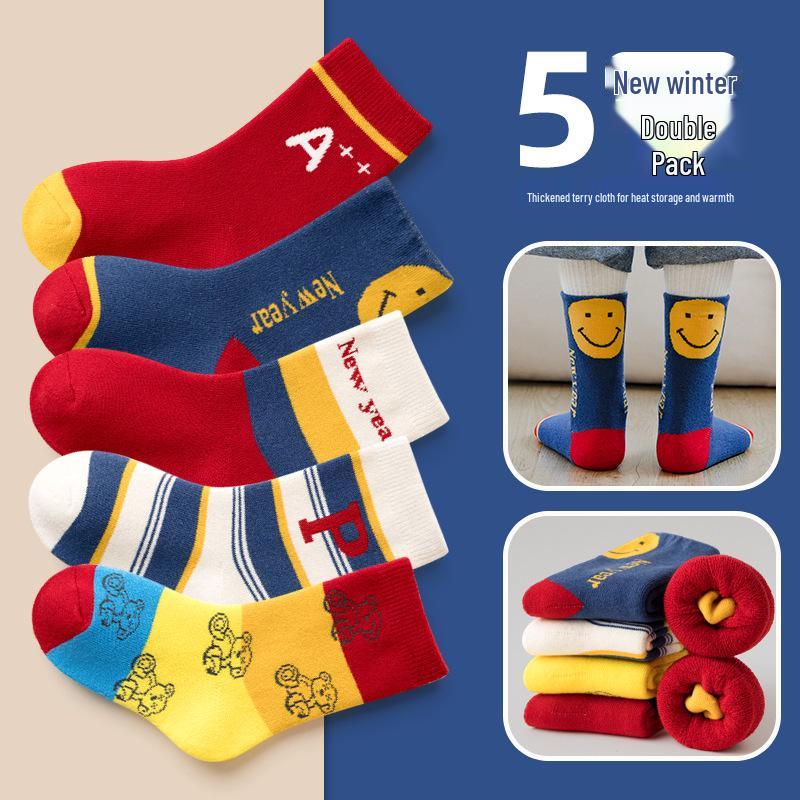 Children's Thickened Warm Cotton Dinosaur Terry Socks - Mid-Calf Length for Boys and Girls