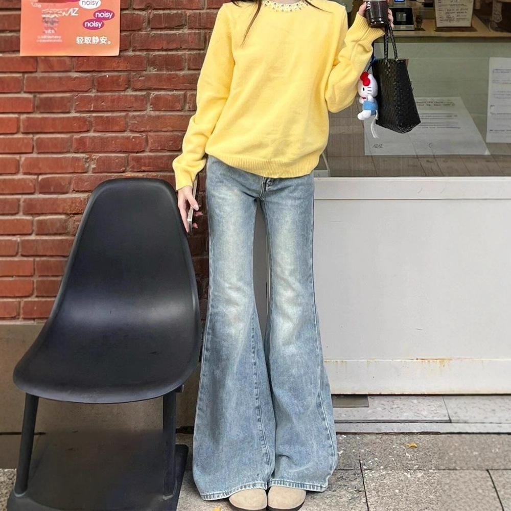 Retro Micro Flare Jeans Female Spring and Autumn Big Yards Loose Straight Narrow Version of The Wide-legged Flare Long Trousers Long Denim Pants
